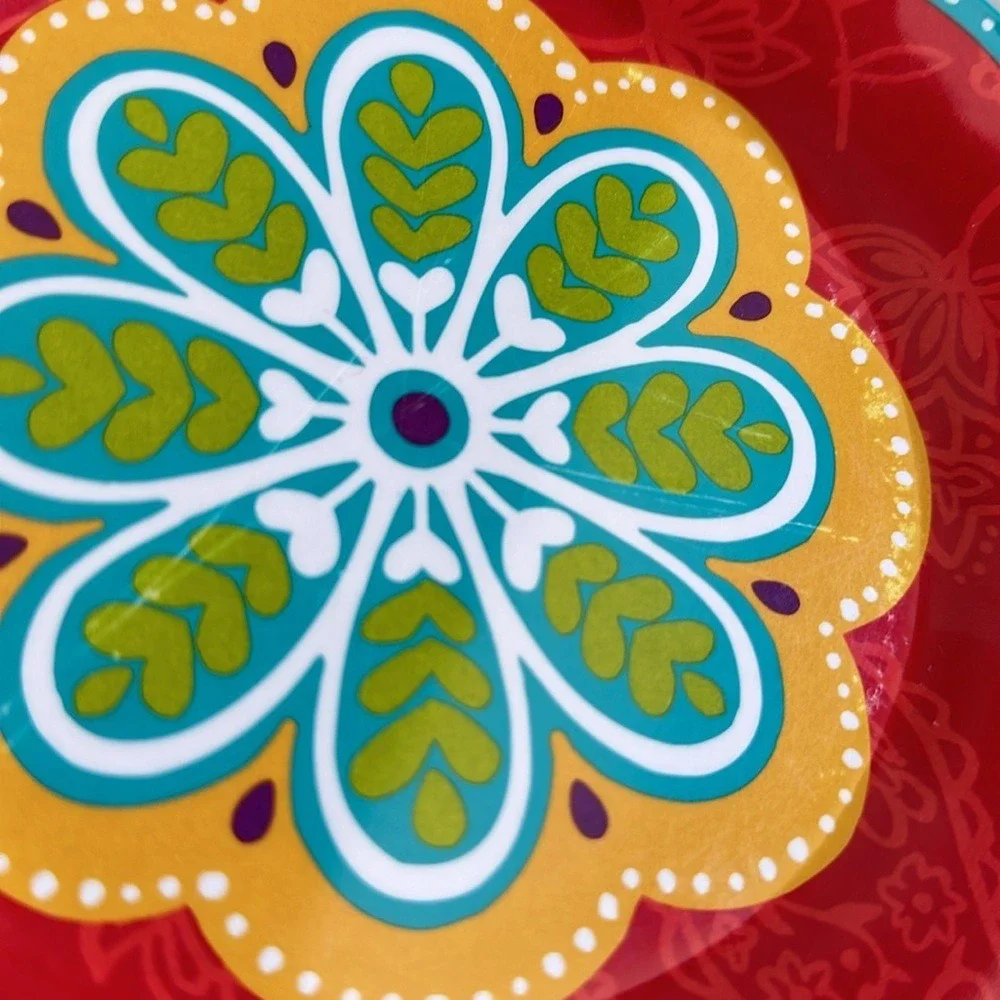 7 pc set Pier One Imports Melamine Dinner Plates Salad Sunny Bright Paisley‎ GUC
